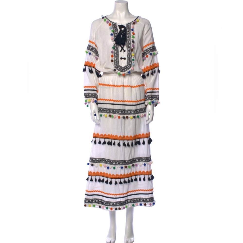DoDo Bar 100% Cotton Pom trimmed cotton maxi with sleeves